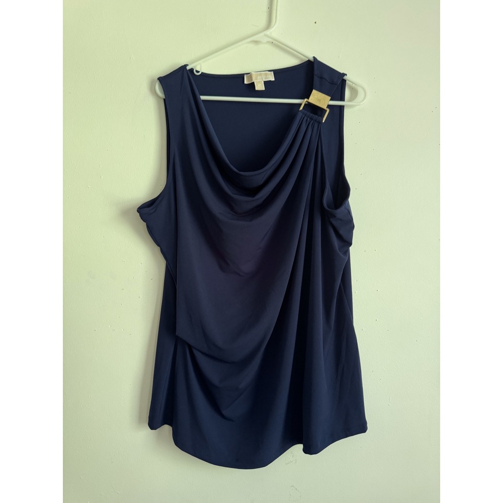 Michael Kors Navy Blue Cowl Neck Blouse Gold Hardware Buckle Sleeveless Top 2X